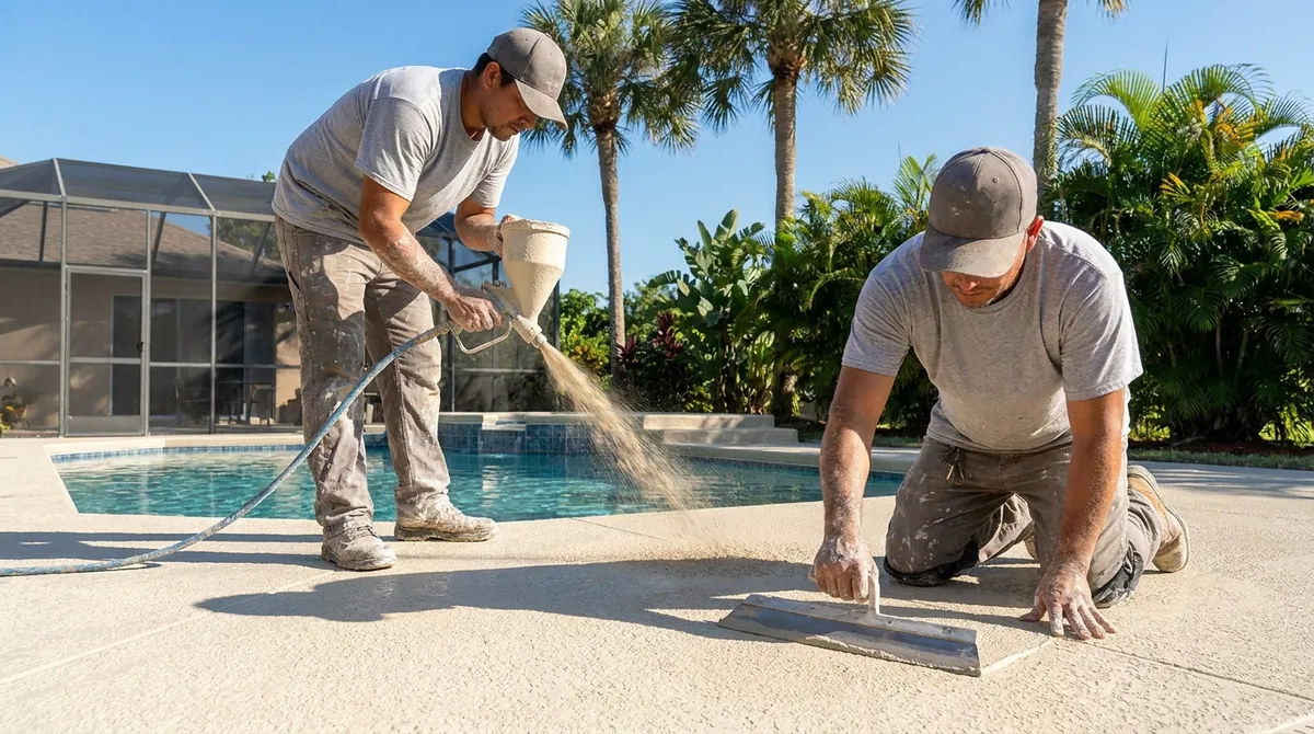 Two workers spraying and troweling a knockdown texture onto a pool deck